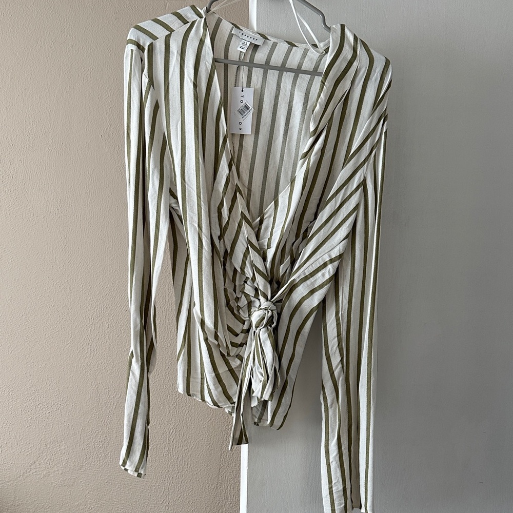 Topshop Olive and White Striped Wrap Blouse